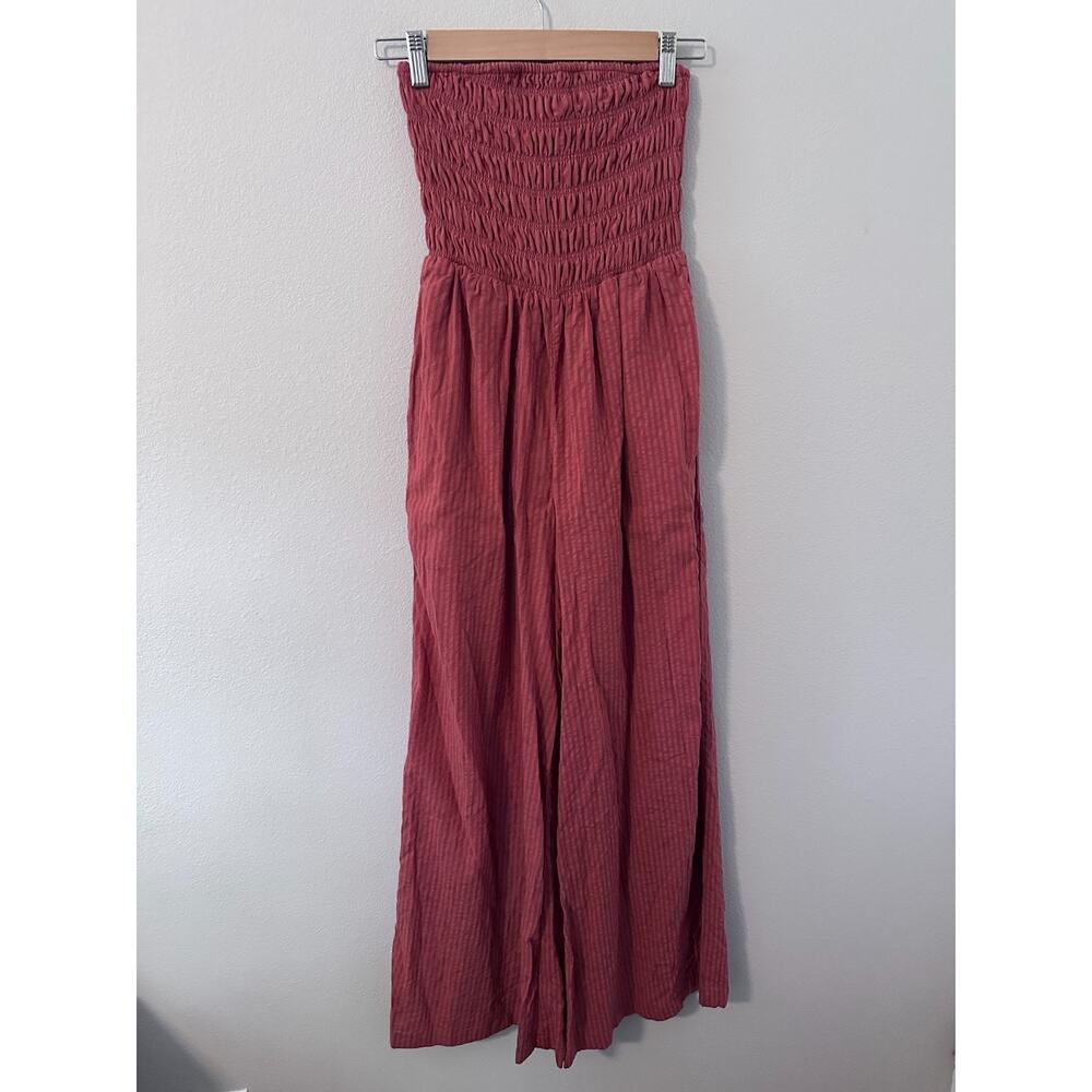 NWT‎ Forever 21 Strapless Smocked Tube Wide-leg Jumpsuit red pink stripped Small